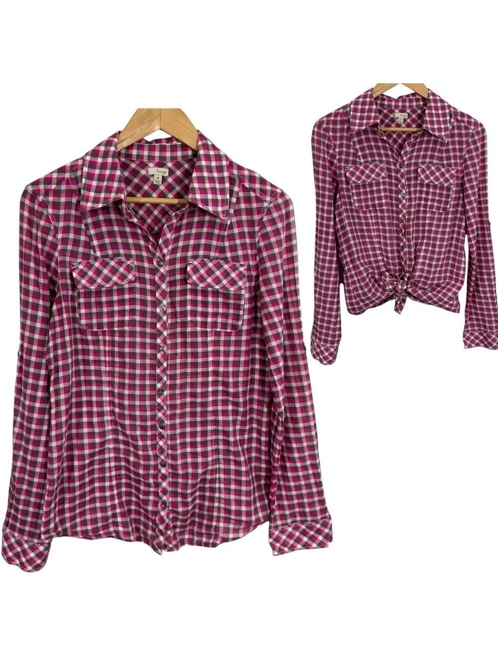 Hinge Gingham Plaid Button Up Shirt Womens M Pink Grey Check Cowgirl Top EUC